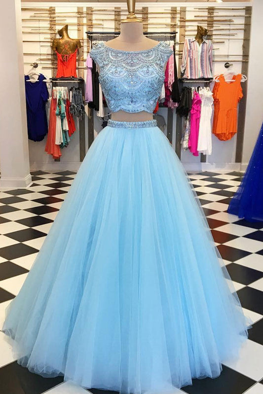 Blue Round Neck Beaded Tulle Long Prom Dress Blue Evening Dress