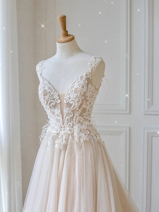 Champagne V-Neck Tulle Lace Long Prom Dress Champagne Evening Gown