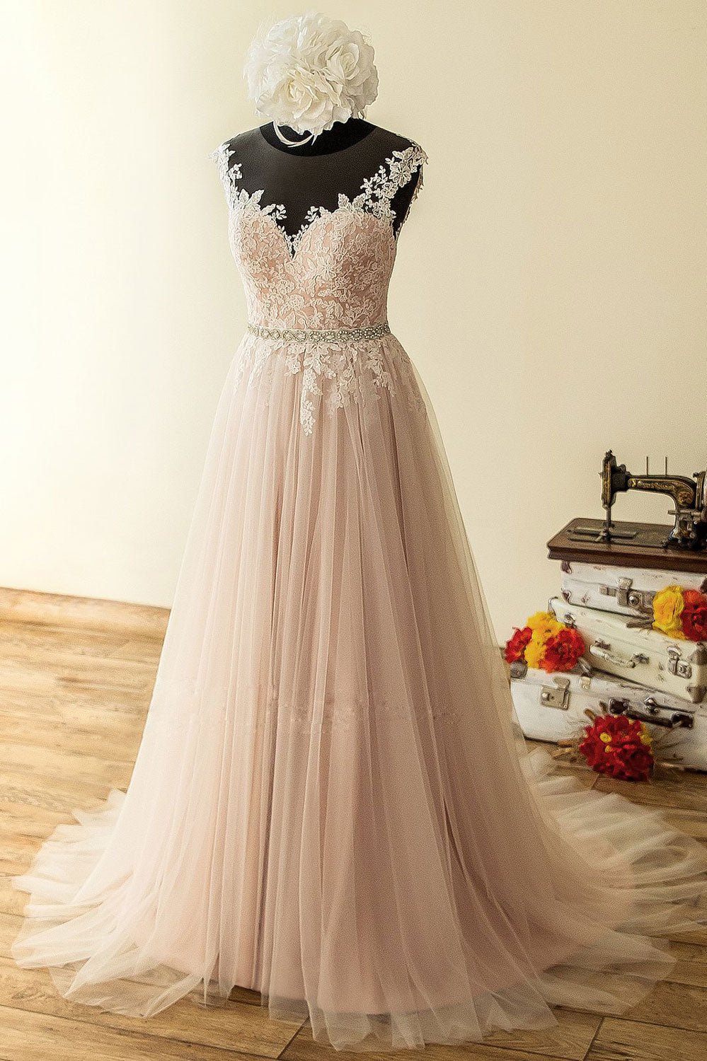 Pink Round Neck Lace Long Prom Dress Pink Lace Evening Dress