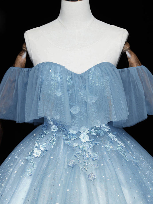 Blue Sweetheart Tulle Lace Long Prom Dress Blue Tulle Formal Dress