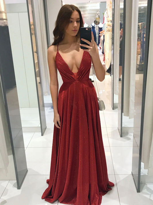 Simple V-Neck A-Line Long Prom Dress Burgundy Evening Dress