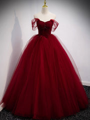 Simple Burgundy Tulle Sequin Long Prom Dress Burgundy Evening Dress