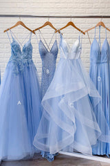 Blue Lace Tulle Long Prom Dress Blue Formal Dress