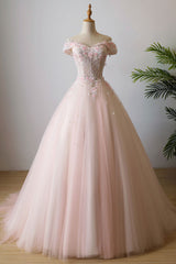 Pink Off-Shoulder Tulle Lace Long Prom Dress Pink Evening Gown