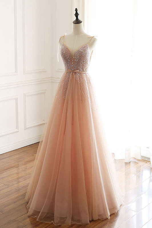 Champagne Tulle Beaded Sequin Long Prom Dress Evening Dress