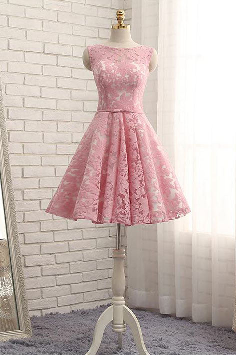 Cute Pink Round Neck Lace Short Prom Dress Bridesmaid Dress