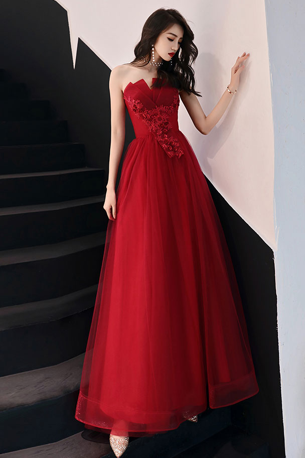 Burgundy Tulle Lace Long Prom Dress Burgundy Evening Gown