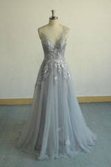 Gray V-Neck Tulle Lace Long Prom Dress Gray Evening Dress