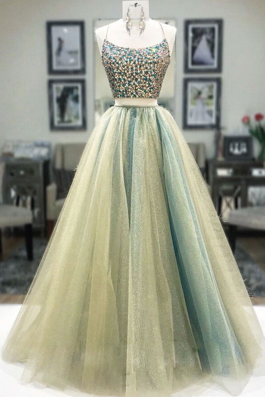 Unique Two-Pieces Tulle Beads Long Prom Dress Tulle Formal Gown