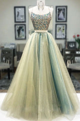 Unique Two-Pieces Tulle Beads Long Prom Dress Tulle Formal Gown