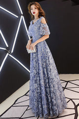 Blue V-Neck Tulle Lace Long Prom Dress Blue Lace Formal Dress