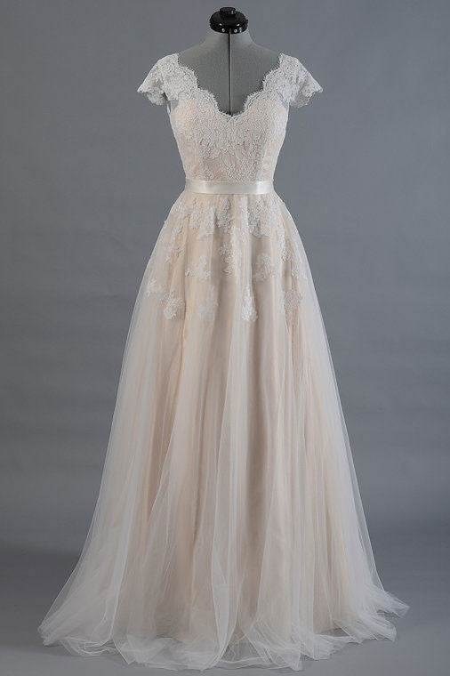 A-Line Champagne Tulle Lace Long Prom Dress Lace Wedding Dress