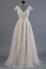 A-Line Champagne Tulle Lace Long Prom Dress Lace Wedding Dress