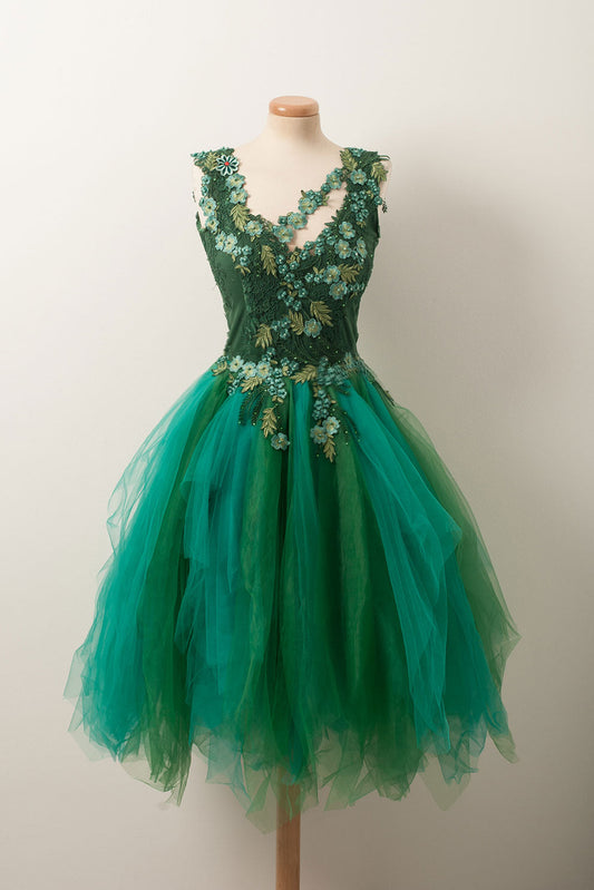 Unique V-Neck Green Tulle Lace Short Prom Dress Green Homecoming Dress