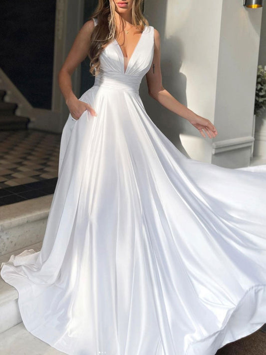 Simple V-Neck White A-Line Satin Long Prom Dress White Evening Dress