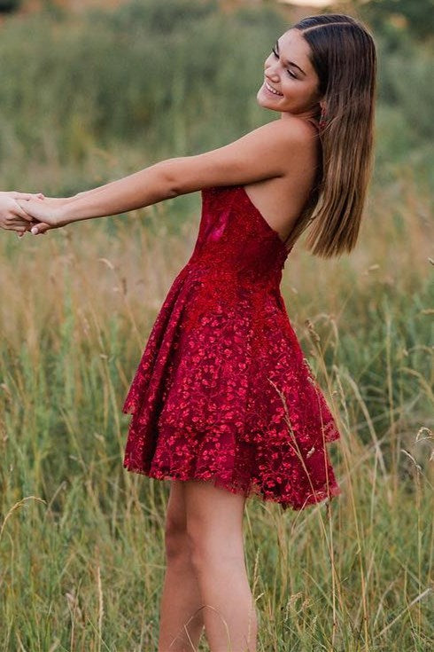 a line shoulder straps short homecoming dress with delicate appliques