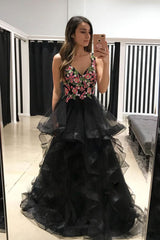 Black Tulle Lace Appliqu¨¦ Long Prom Dress Black Tulle Evening Dress