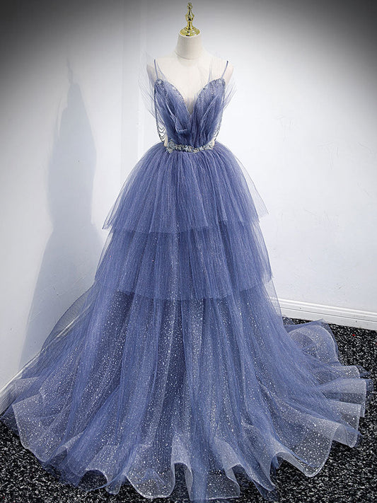 Blue V-Neck Tulle Sequin Long Prom Dress Blue Evening Dress