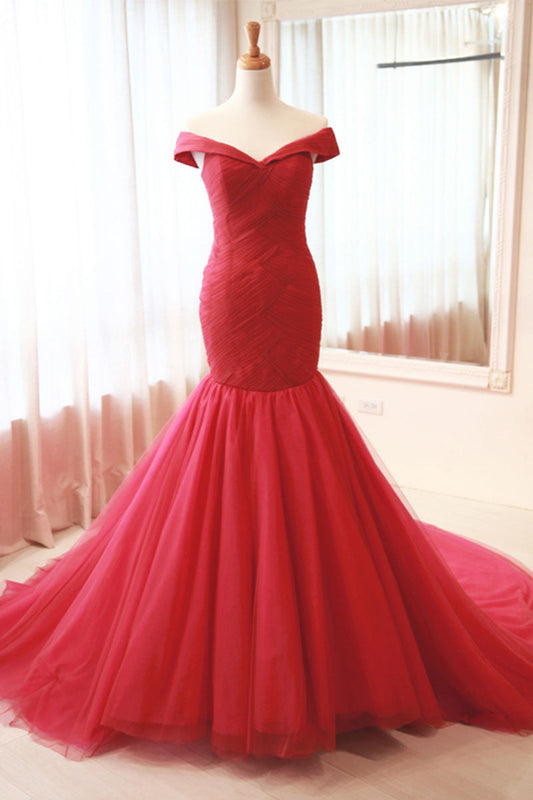 Red Tulle Mermaid Long Prom Dress Red Evening Dress