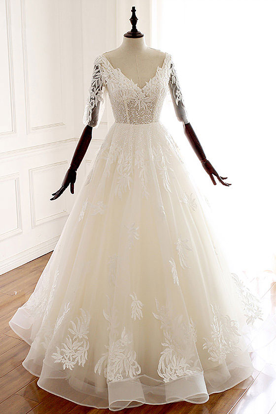 White V-Neck Tulle Lace Long Prom Dress White Tulle Wedding Gown