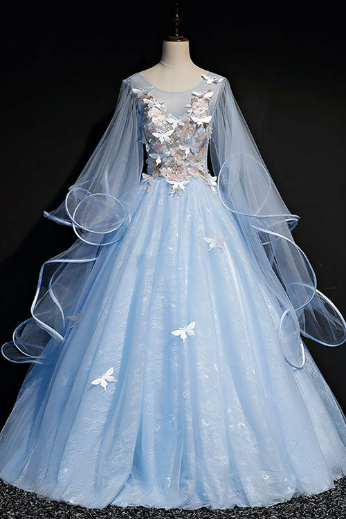 Blue Tulle Lace Long Prom Dress Blue Tulle Lace Evening Gown