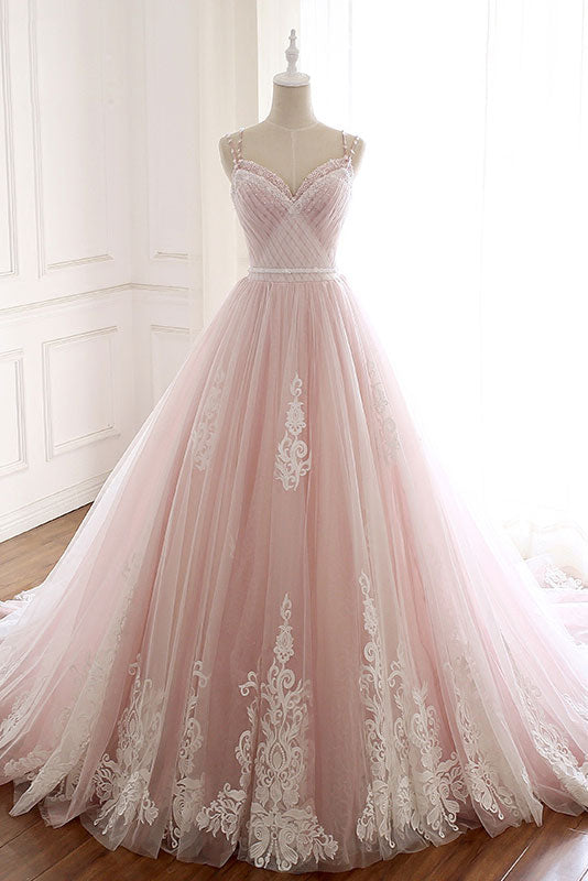 Pink Sweetheart Neck Tulle Long Prom Dress Lace Tulle Evening Gown