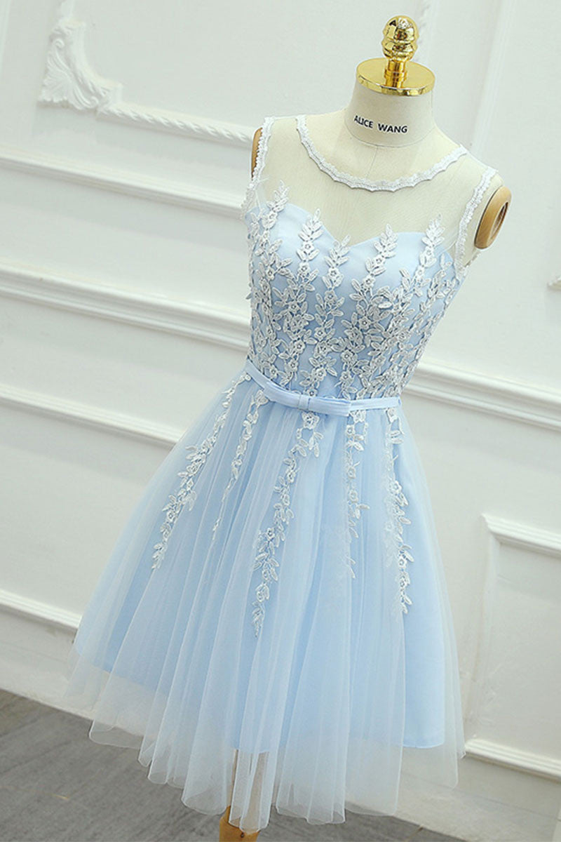 Cute Round Neck Lace Tulle Blue Prom Dress Homecoming Dress