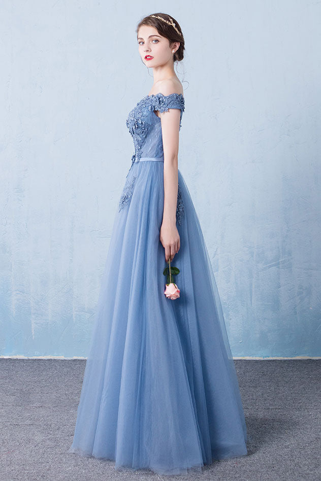 Blue Off-Shoulder Lace Tulle Long Prom Dress Blue Lace Bridesmaid Dress