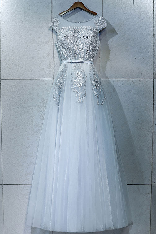 Gray Round Neck Lace Tulle Long Prom Dress Gray Evening Gown