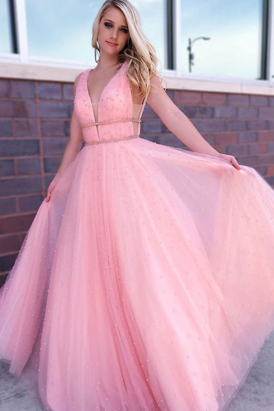 Pink V-Neck Tulle Beads Long Prom Dress Pink Tulle Formal Gown