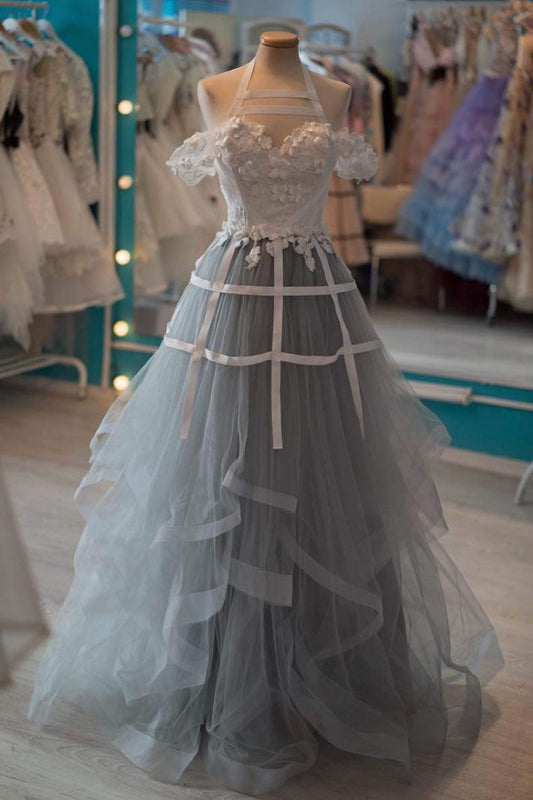 Unique Gray Tulle Lace Appliqu¨¦ Long Prom Dress Gray Tulle Evening Gown