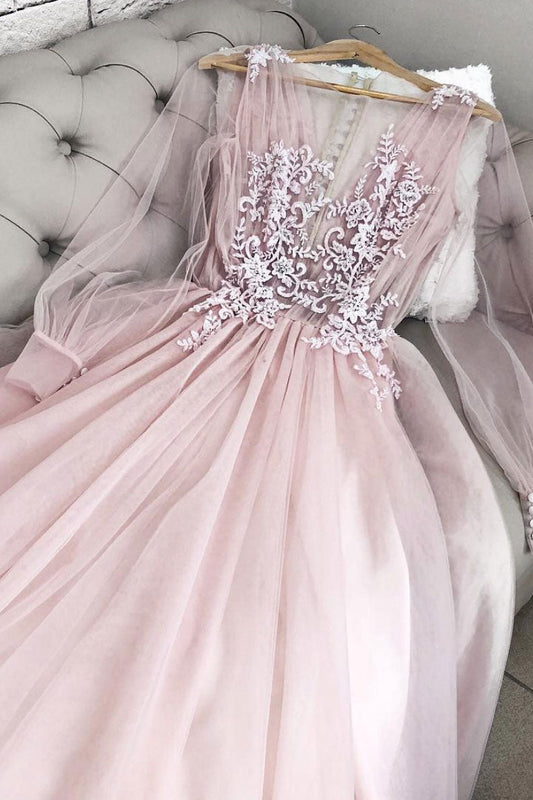 Pink V-Neck Tulle Long Prom Dress Pink Tulle Evening Dress