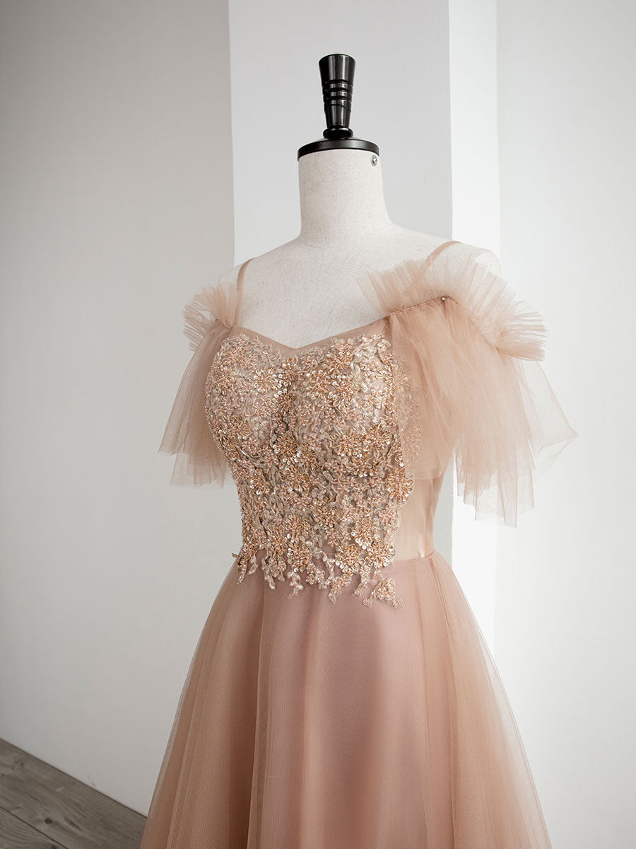 Champagne A-Line Tulle Lace Long Prom Dress Champagne Evening Dress