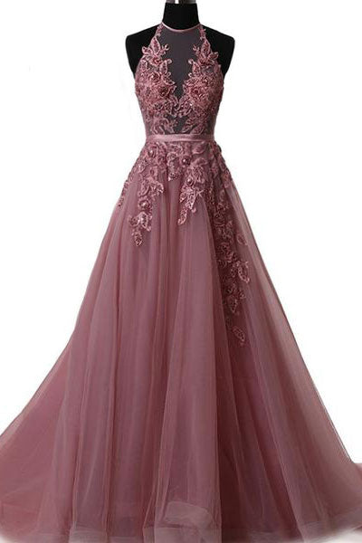 Unique Tulle Lace Applique Long Prom Dress Tulle Evening Gown