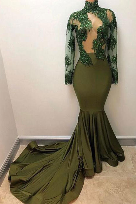 Green Lace Mermaid Long Prom Dress Green Evening Dress