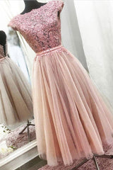 Pink Lace Tulle Tea-Length Prom Dress Lace Pink Evening Dress