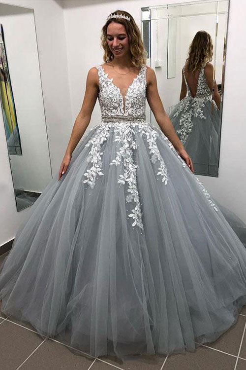 Gray V-Neck Tulle Lace Long Prom Dress Gray Tulle Evening Dress