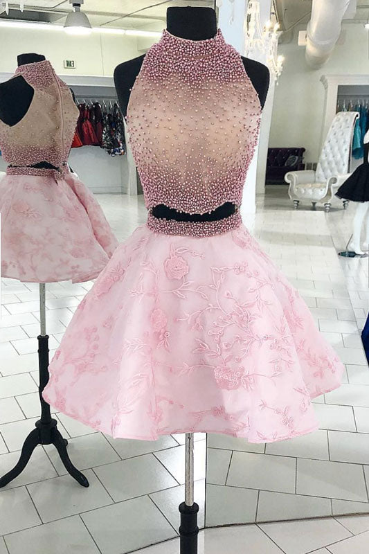 Pink Two-Piece Beaded Lace Short Prom Dress Pink Homecoming Dress