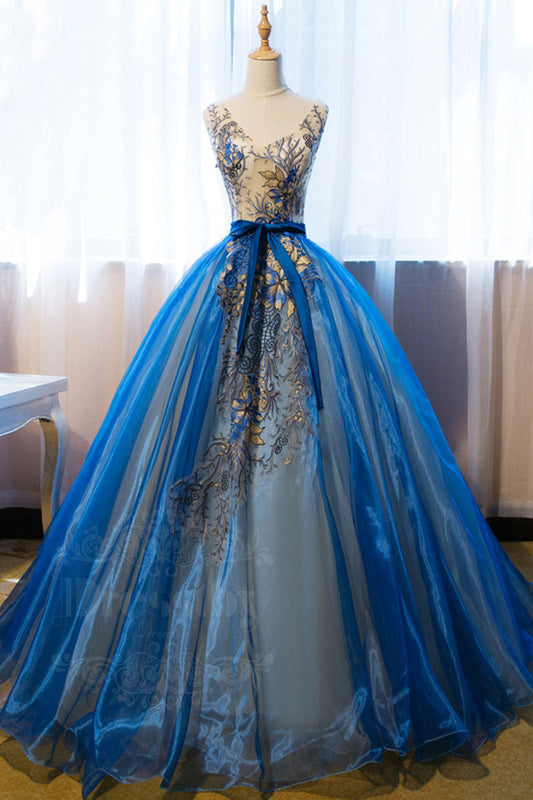 Unique V-Neck Blue Embroidery Long Prom Dress Sweet 16 Dress