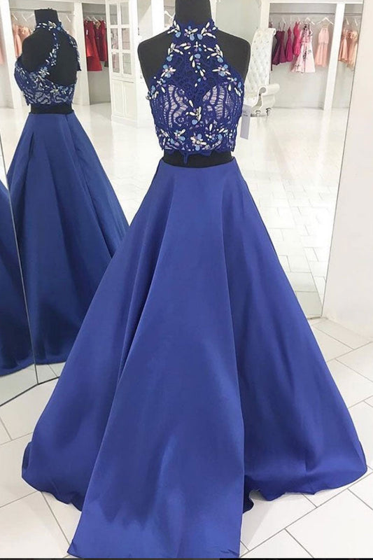 Blue Two-Piece Lace Long Prom Dress Blue Evening Dress