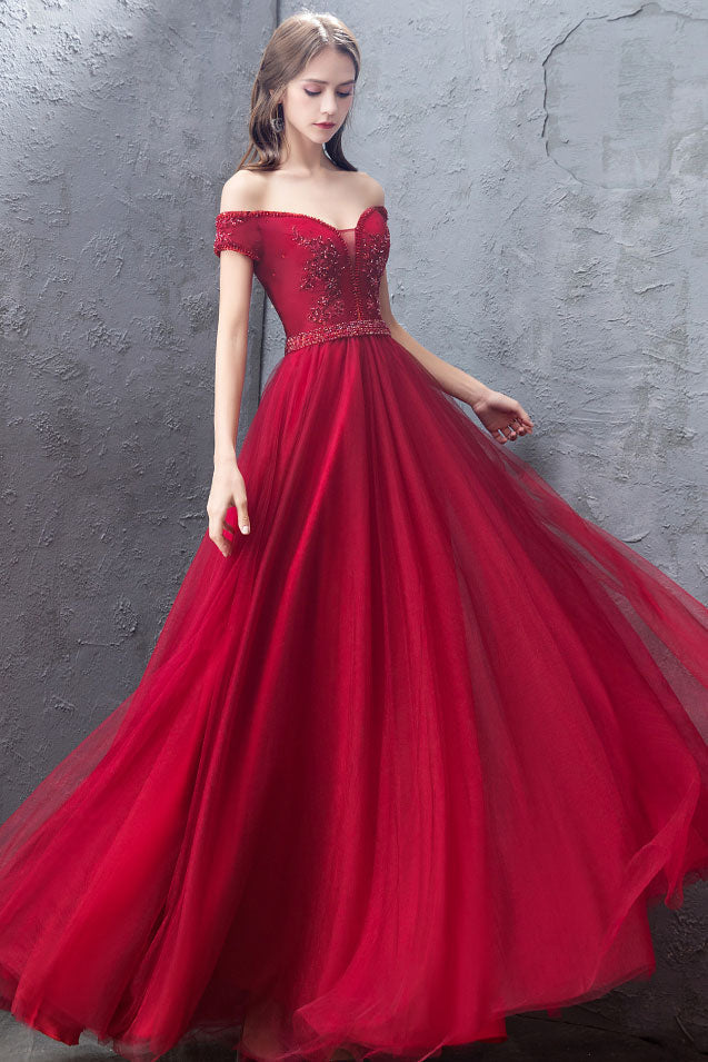 Burgundy Tulle Off-Shoulder Long Prom Dress Burgundy Evening Dress