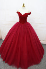 Burgundy Off-Shoulder Tulle Long Prom Dress Tulle Evening Dress