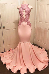 Unique Pink Lace Mermaid Long Prom Dress Pink Evening Dress