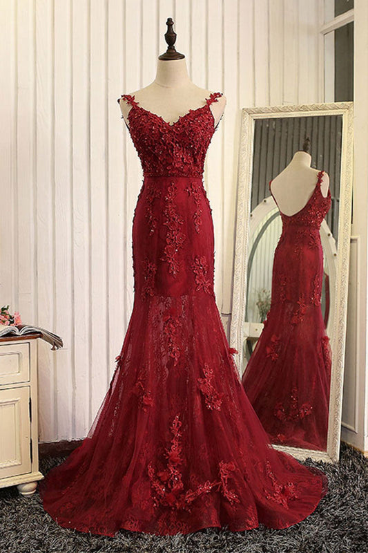 Red Mermaid Lace Long Prom Dress Lace Mermaid Evening Gown