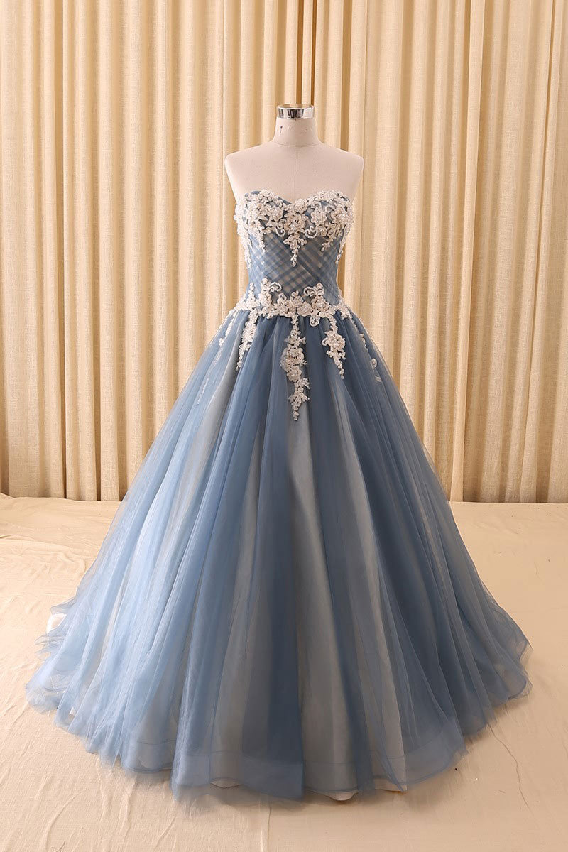 Blue Sweetheart Neck Lace Tulle Long Prom Dress Blue Tulle Evening Dress