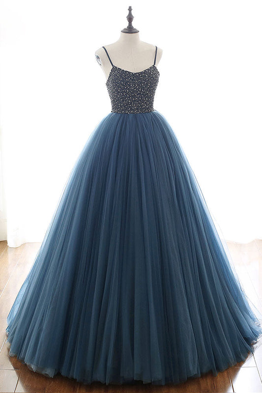 Blue Tulle Sequin Long Prom Dress Blue Tulle Evening Gown