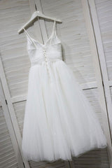 White V-Neck Tulle Lace Tea-Length Prom Dress White Bridesmaid Dress