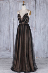 Black V-Neck Lace Tulle Long Prom Dress Black Bridesmaid Dress