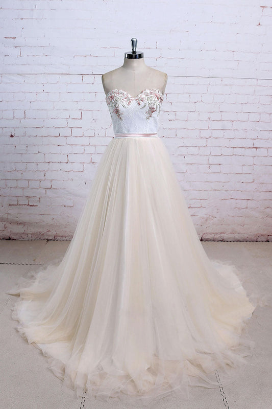 Light Champagne Lace Tulle Long Prom Dress Champagne Lace Wedding Dress