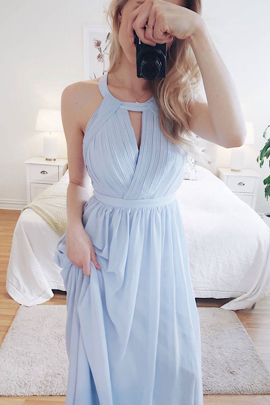 Simple Round Neck Chiffon Blue Long Prom Dress Blue Evening Dress